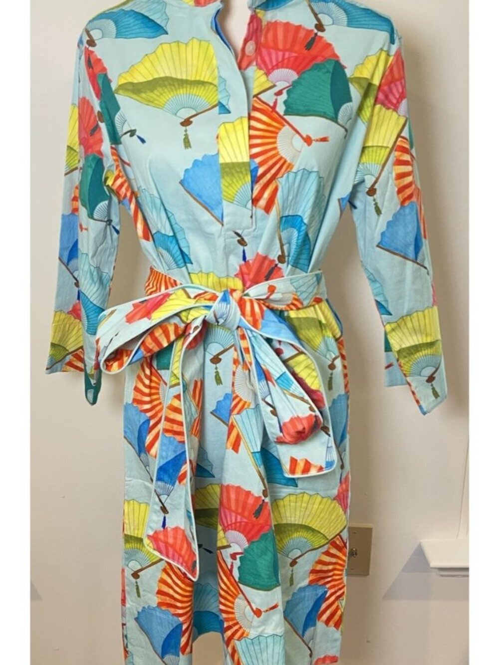 Holly Shae Fanfare Dress Tie Waist Vacation Blue Multi Fans Size XS S